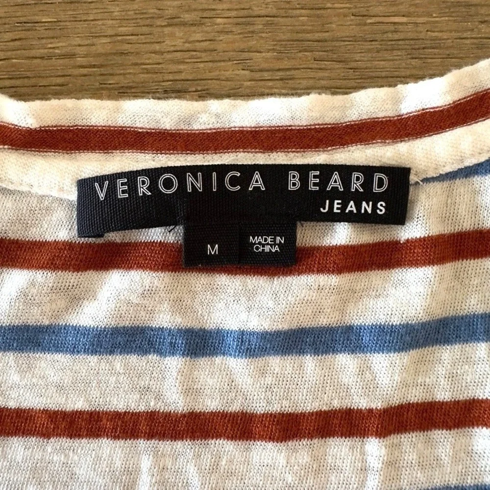 Veronica Beard Benji Striped 100% Linen Short Sleeve T-Shirt-Rust & Blue-Sz M - Picture 4 of 13